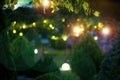 illumination holiday lights glare on garden with electric garland bulbs. Royalty Free Stock Photo