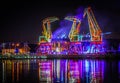Illuminations in the Polish city of Szczecin, ferris wheel, port grider, at night Europa