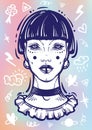 Illusatration of a mystic gothic girl without eyes. High-detailed vector artwork isolated. Doodle signs around. Beautiful witch.