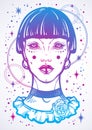 Illusatration of a mystic gothic girl without eyes. High-detailed vector artwork in linear style isolated. Beautiful witch.