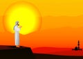 Illusgtrator-man praying on sunset background