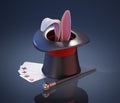 Illusionist hat, stick, playing cards and rabbit ears on black background. 3D illustration Royalty Free Stock Photo