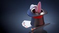 Illusionist hat, stick, playing cards and rabbit ears on black background. 3D illustration Royalty Free Stock Photo
