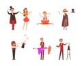 Illusionist, Magician or Prestidigitator Demonstrating Trick with Top Hat and Rabbit Vector Set