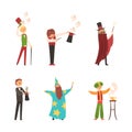 Illusionist, Magician or Prestidigitator Demonstrating Trick with Top Hat and Wand Vector Set