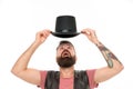 Illusionist trick performance concept. Circus worker. Circus magic trick performance. Let performance begin. Man bearded