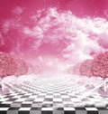 Illusive chess surface with pink trees Royalty Free Stock Photo