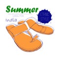 Illustartion of drawing sandal from India with lettering text. Summer woman of ethnic style shoe for log design.