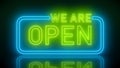 Illustation of glowing neon sign with message, we are open in green and blue Royalty Free Stock Photo