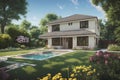 Illustation of Modern Detached House with Lush Garden .AI Generated
