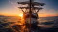 illustatration of sailing vessel ship in the sea by sunset. Generative AI Royalty Free Stock Photo