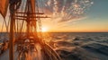 illustatration of sailing vessel ship in the sea by sunset. Generative AI Royalty Free Stock Photo