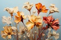 Illustrait pictures of many long-stemmed flowers, warm tones, look warm, light orange, dark orange, brick color, light yellow,