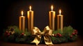 Four golden Advent candles within lush evergreen branches. Christmas time, Advent season. Flickering flames cast soft, inviting