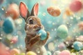 Illustrastion of cute Easter bunny with colorful Easter eggs on a monochrome blue background