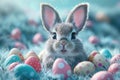 Illustrastion of cute Easter bunny with colorful Easter eggs on a monochrome blue background