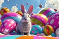 Illustrastion of cute Easter bunny with colorful Easter eggs on a monochrome blue background