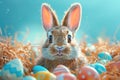 Illustrastion of cute Easter bunny with colorful Easter eggs on a monochrome blue background