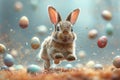 Illustrastion of cute Easter bunny with colorful Easter eggs on a monochrome blue background