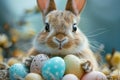 Illustrastion of cute Easter bunny with colorful Easter eggs on a monochrome blue background