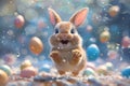 Illustrastion of cute Easter bunny with colorful Easter eggs on a monochrome blue background