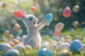 Illustrastion of cute Easter bunny jumps among colorful Easter eggs on a green lawn