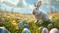 Illustrastion of cute Easter bunny jumps among colorful Easter eggs on a green lawn