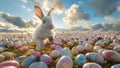 Illustrastion of cute Easter bunny jumps among colorful Easter eggs on a green lawn