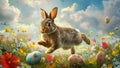 Illustrastion of cute Easter bunny jumps among colorful Easter eggs on a green lawn