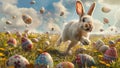 Illustrastion of cute Easter bunny jumps among colorful Easter eggs on a green lawn