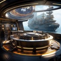 illustrate an ai controlled navigation room with advanced technology guiding the ship through complete