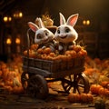 Craft an animated scene where a cart filled with Halloween pumpkins is being pulled by a donkey. Royalty Free Stock Photo