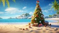 Illustrate a beachside Christmas celebration with a palm tree decked out in holiday decor and surrounded by sandcastles and