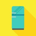 BRIGHT BLUE VINTAGE REFRIGERATOR ON YELLOW BACKGROUND