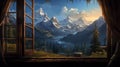Illustrate the breathtaking view from a window high in the mountains, capturing snow-capped peaks