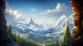 Illustrate the breathtaking view from a window high in the mountains, capturing snow-capped peaks