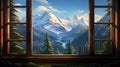 Illustrate the breathtaking view from a window high in the mountains, capturing snow-capped peaks