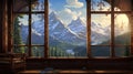 Illustrate the breathtaking view from a window high in the mountains, capturing snow-capped peaks