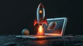 Illustrate a captivating side view 3D render showcasing a space rocket perched on a laptop set against a dark black background