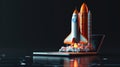 Illustrate a captivating side view 3D render showcasing a space rocket perched on a laptop set against a dark black background