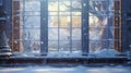 illustrate the charm of a winter landscape through a window, showcasing a snowy wonderland with snow-covered trees