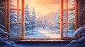 illustrate the charm of a winter landscape through a window, showcasing a snowy wonderland with snow-covered trees