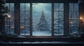 illustrate the charm of a winter landscape through a window, showcasing a snowy wonderland with snow-covered trees