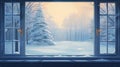 illustrate the charm of a winter landscape through a window, showcasing a snowy wonderland with snow-covered trees