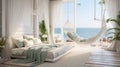 Illustrate a coastal-inspired luxury bedroom with a beachfront view, soft pastel hues, and a comfortable hammock chair for