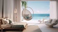 Illustrate a coastal-inspired luxury bedroom with a beachfront view, soft pastel hues, and a comfortable hammock chair for