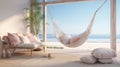 Illustrate a coastal-inspired luxury bedroom with a beachfront view, soft pastel hues, and a comfortable hammock chair for