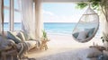 Illustrate a coastal-inspired luxury bedroom with a beachfront view, soft pastel hues, and a comfortable hammock chair for