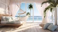 Illustrate a coastal-inspired luxury bedroom with a beachfront view, soft pastel hues, and a comfortable hammock chair for