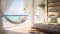 Illustrate a coastal-inspired luxury bedroom with a beachfront view, soft pastel hues, and a comfortable hammock chair for